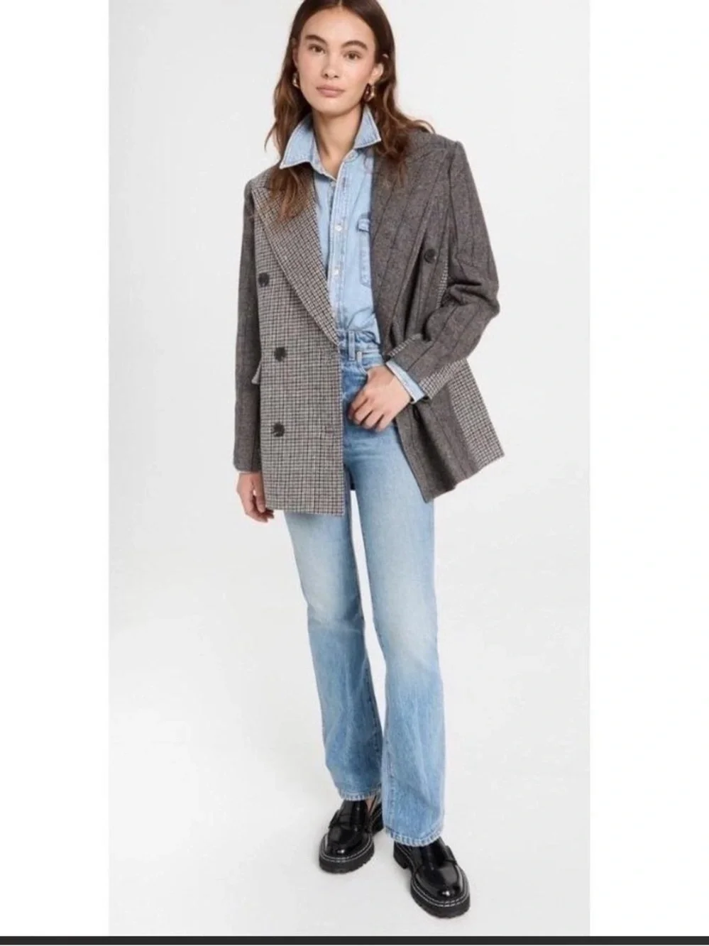 Avec Les Filles Mixed Plaid Double Breasted Blazer party summer $169  Classic